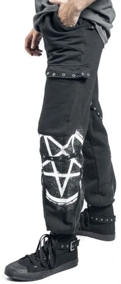"Schwarze Lässige Hose Mit Taschen, Riemen Und Prints" Stoffhose Schwarz Von Gothicana By EMP -Stil Tanz Verkaufsgeschäft 493681wa2