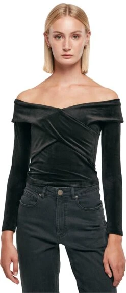 "Ladies Velvet Rib Crossed Off Shoulder Longsleeve" Langarmshirt Schwarz Von Urban Classics -Stil Tanz Verkaufsgeschäft 533877wa